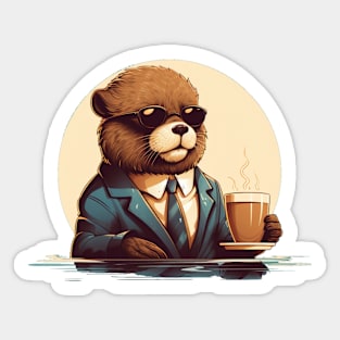 Sea Otter wear sunglasses drinking coffee in an elegant manner Sticker